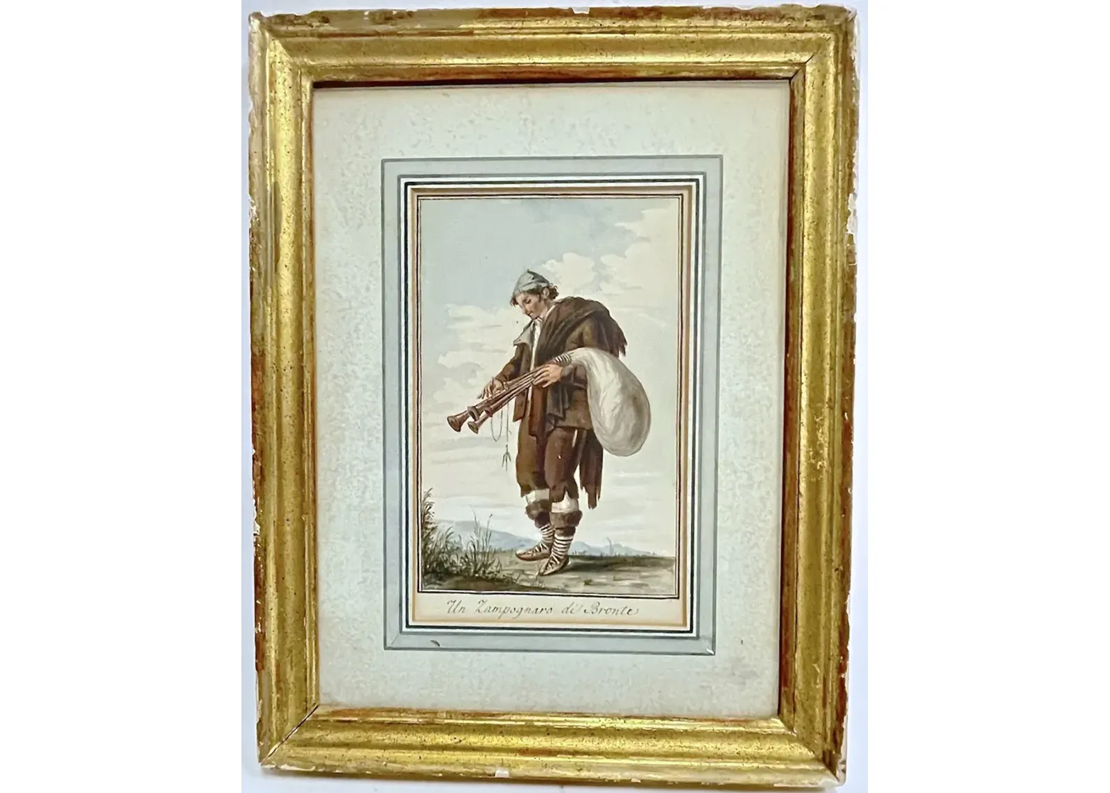 18th C Italian Watercolor Of A Bagpiper - Vermilion Designs - Gold