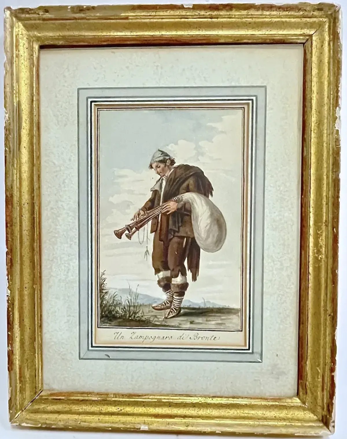 18th C Italian Watercolor Of A Bagpiper - Vermilion Designs - Gold