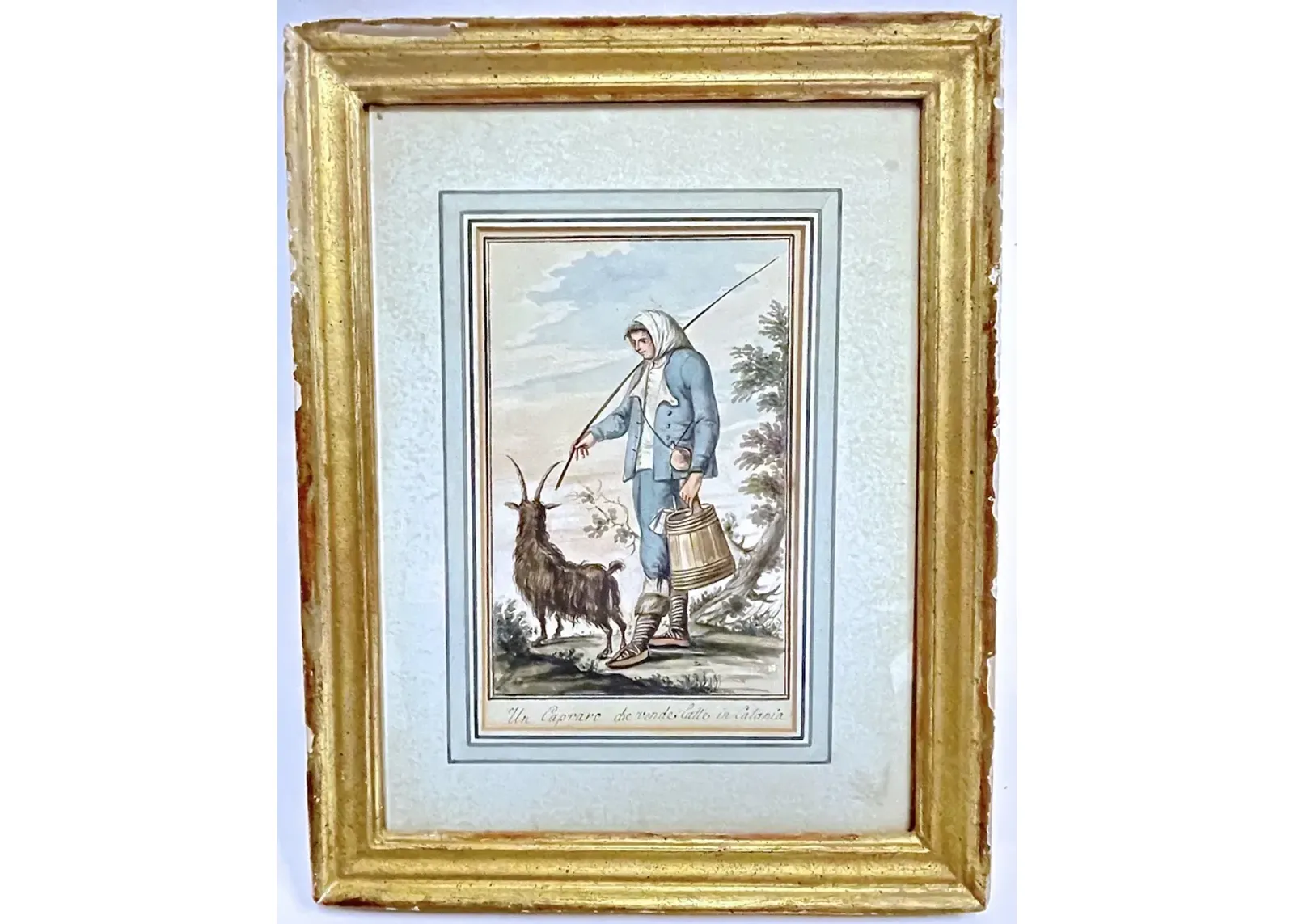 18th C Italian Watercolor Of A Shepherd - Vermilion Designs - Gold