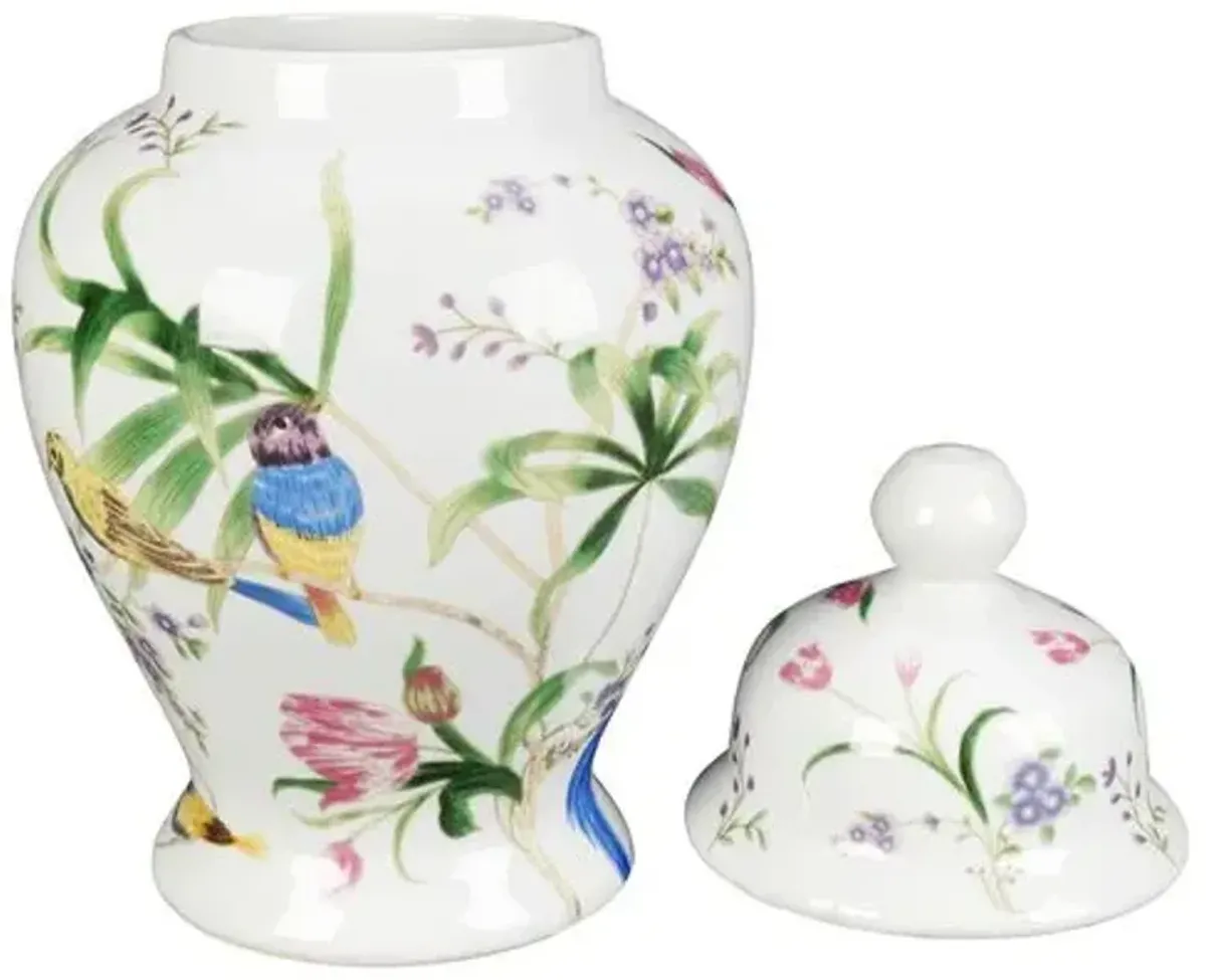 15" Birds & Flowers Ginger Jar - White