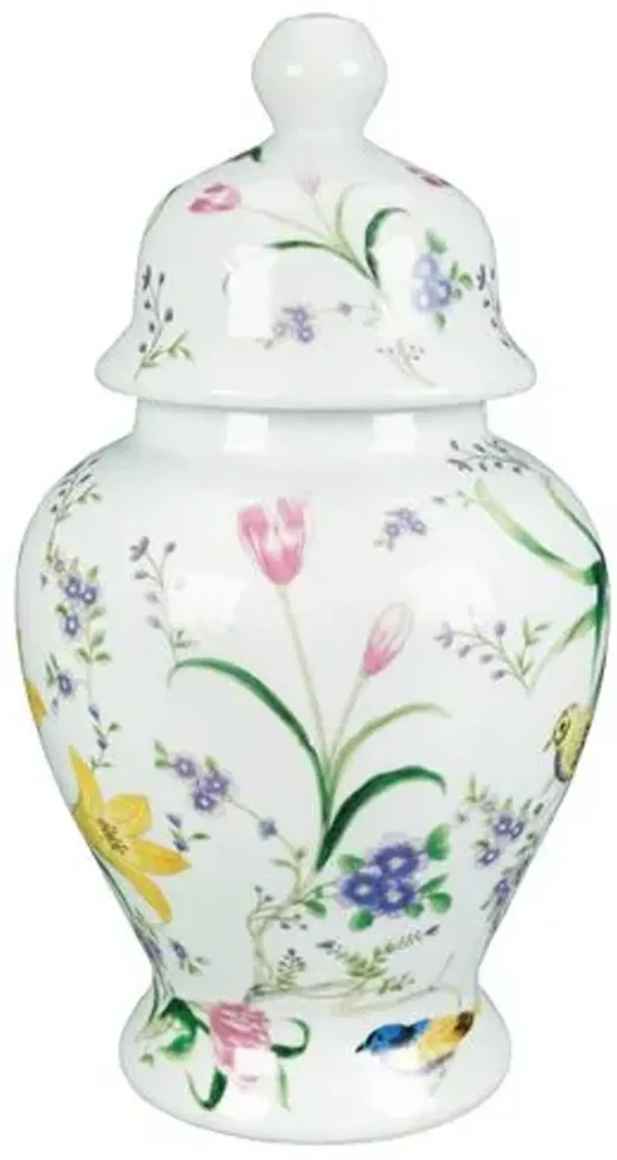 15" Birds & Flowers Ginger Jar - White