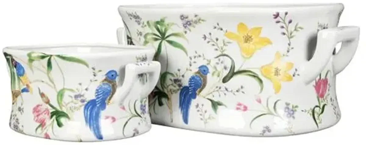 Set of 2 Birds & Flowers Planter Set - White - 8.25Hx19Wx12.75D in