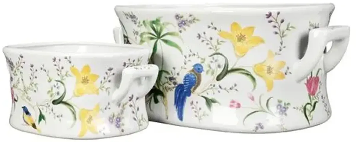 Set of 2 Birds & Flowers Planter Set - White - 8.25Hx19Wx12.75D in