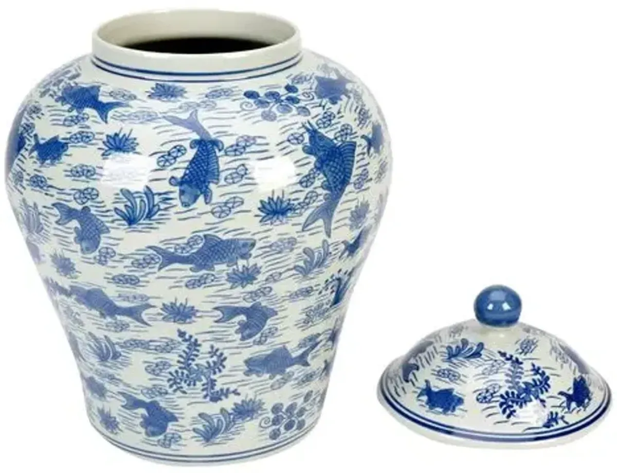 Koi Pond Large Ginger Jar - Blue