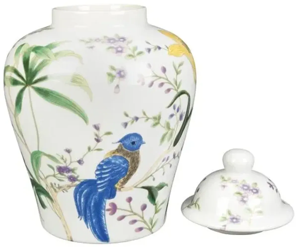 10" Birds & Flowers Ginger Jar - White