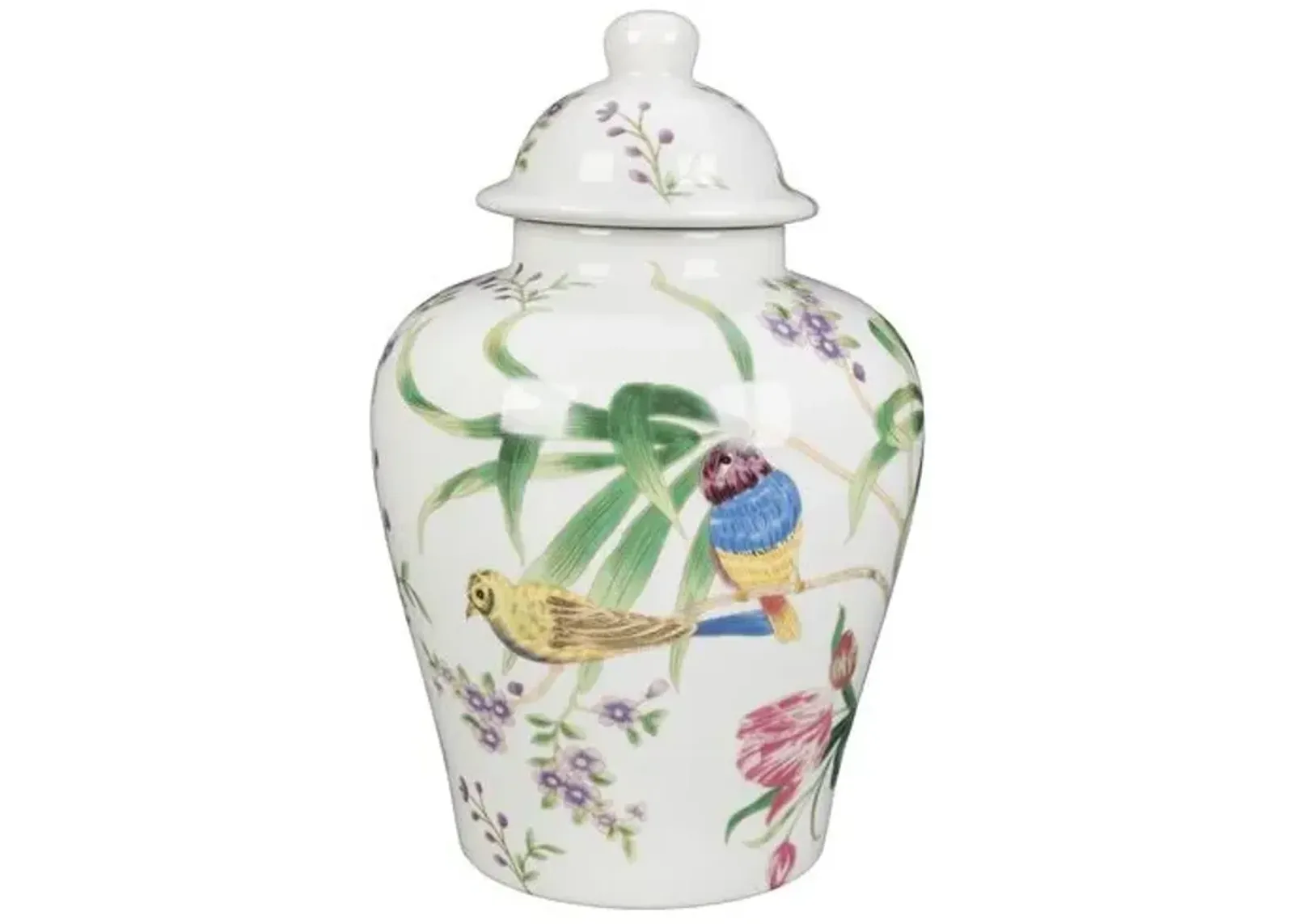 10" Birds & Flowers Ginger Jar - White