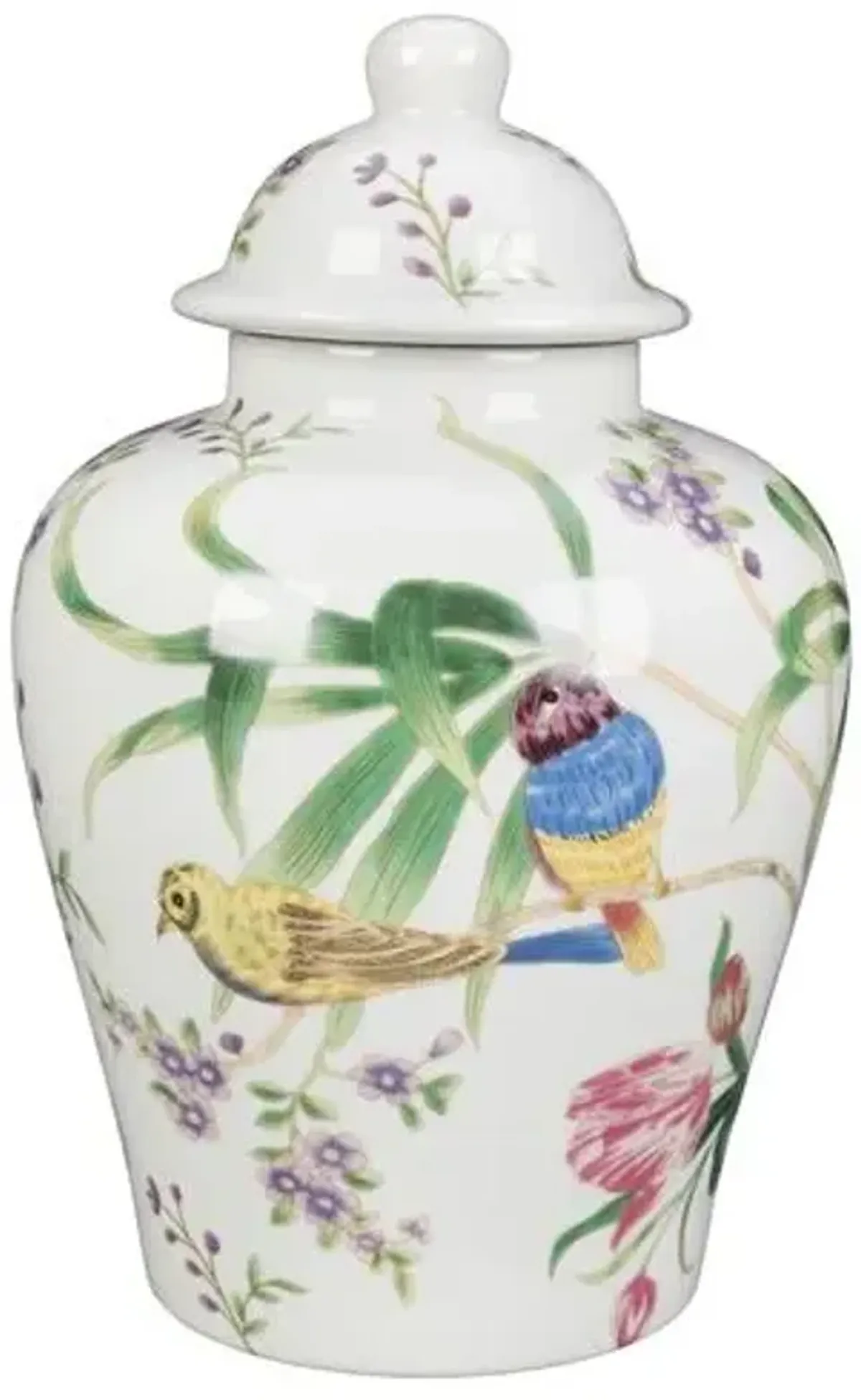 10" Birds & Flowers Ginger Jar - White