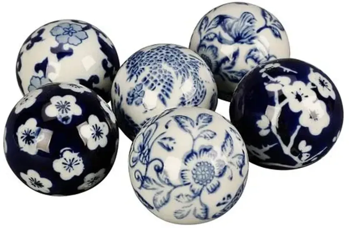 Set of 6 Navy & White Decorative Balls - Blue