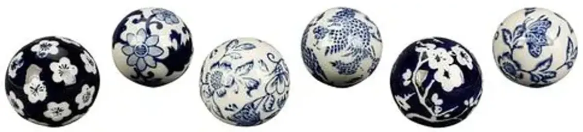 Set of 6 Navy & White Decorative Balls - Blue