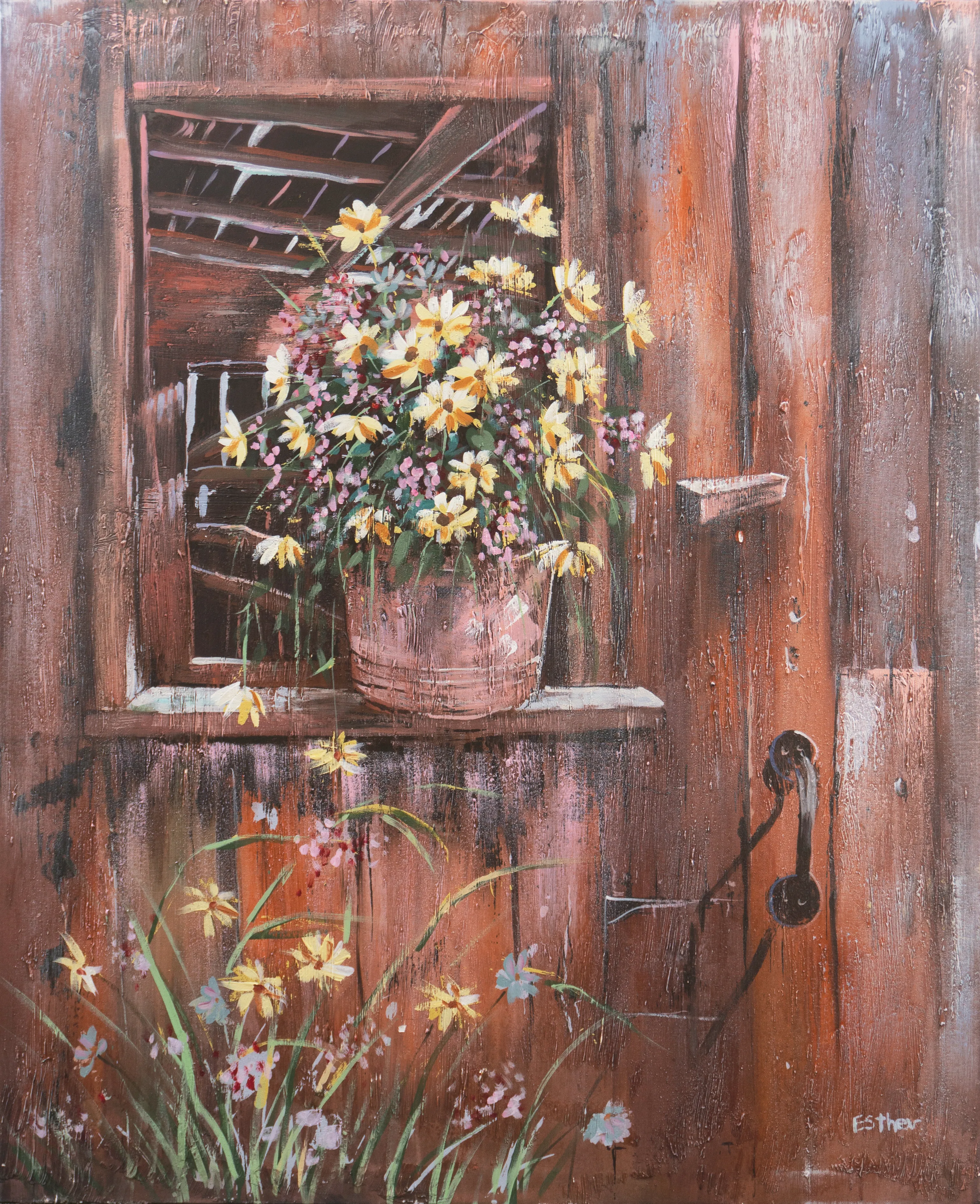 Wildflowers on a Window Sill - Large Oil - McNaught Fine Art - brown