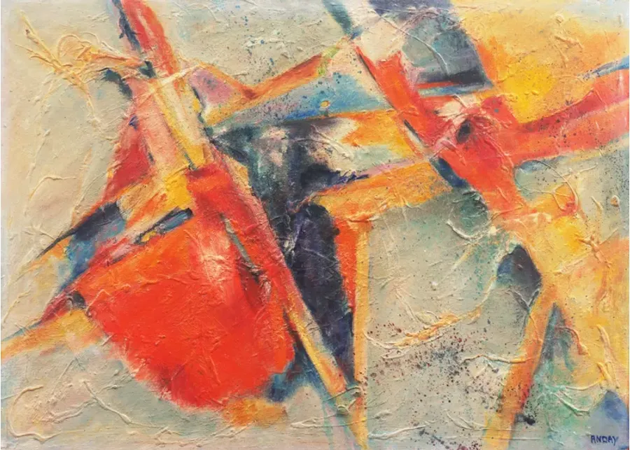 Abstract Saffron and Coral 1970's McNaught Fine Art blue by One