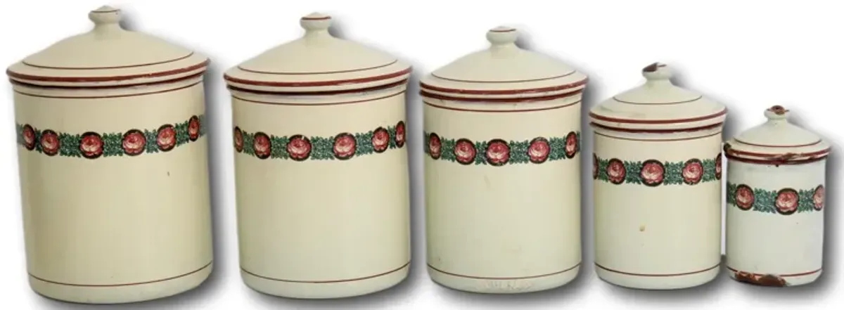 French Enamel Kitchen Canisters - Set of 5 - New England Mercantile - White