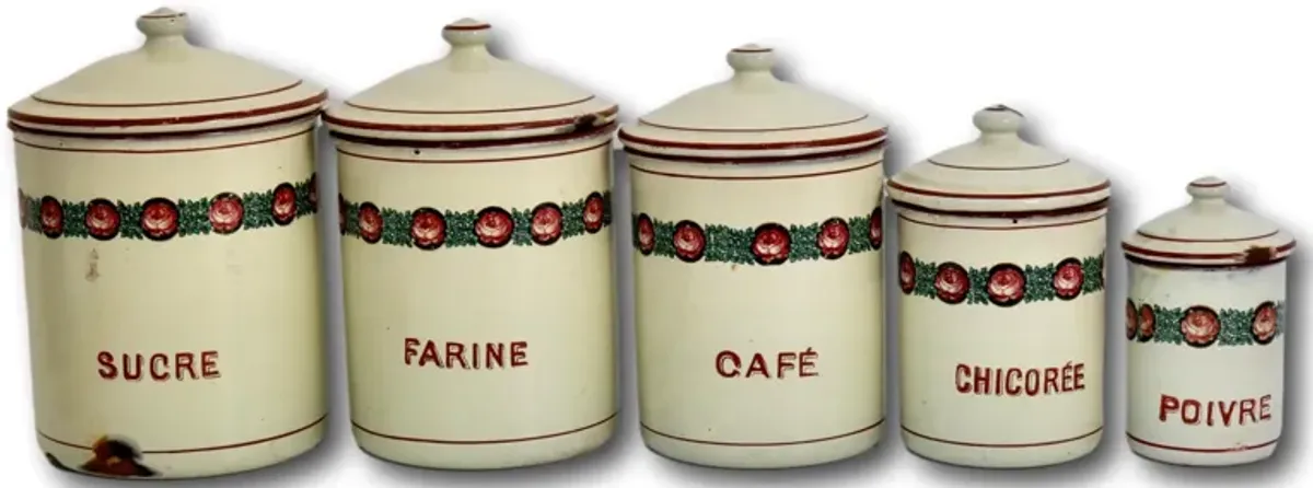 French Enamel Kitchen Canisters - Set of 5 - New England Mercantile - White