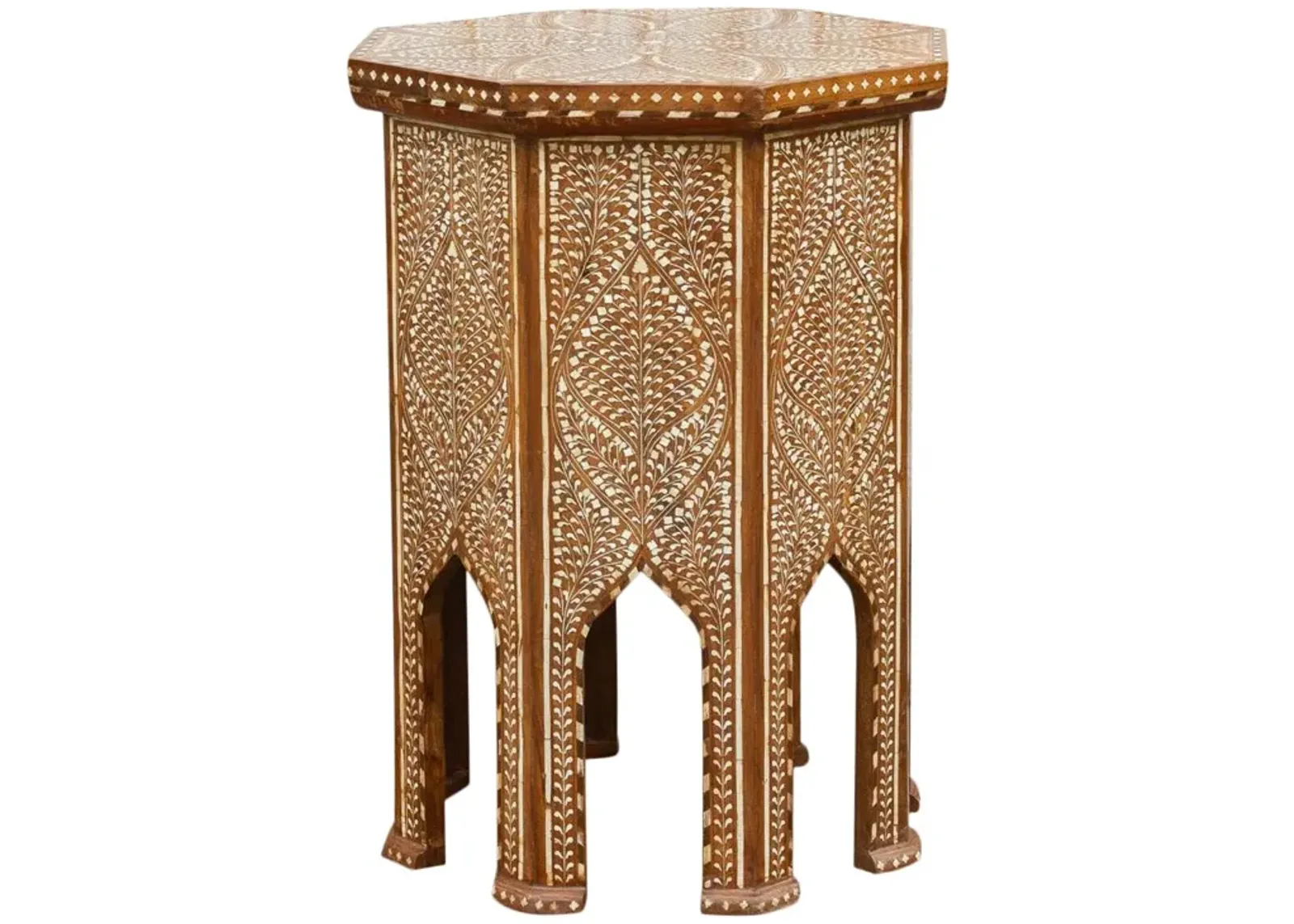 Finely Inlay Lotus Tall End Table - de-cor - Handcrafted - Brown