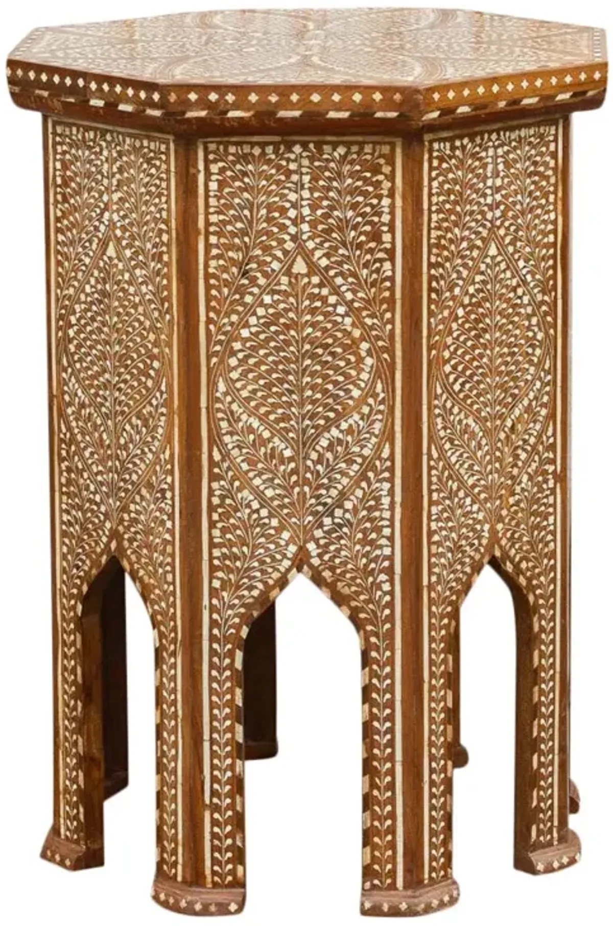 Finely Inlay Lotus Tall End Table - de-cor - Handcrafted - Brown