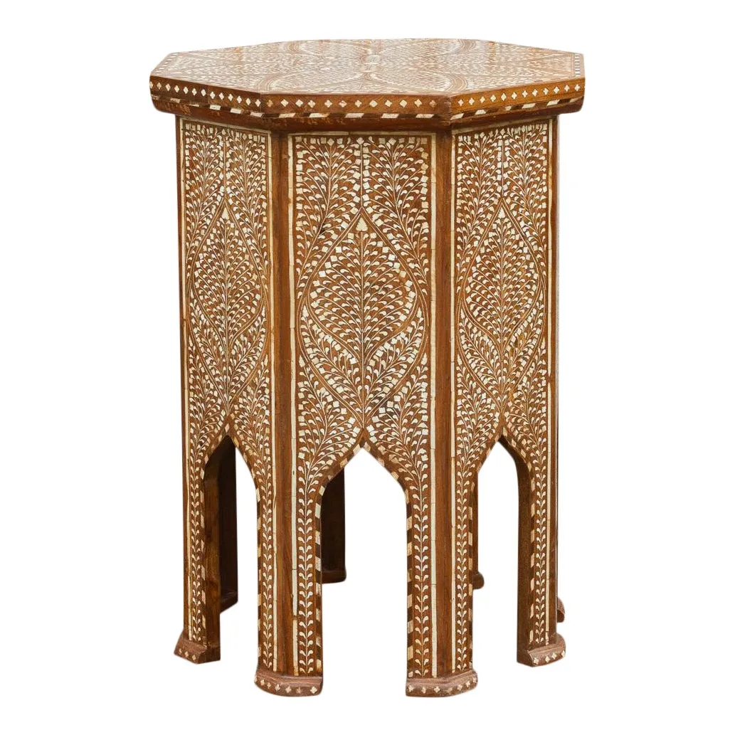 Finely Inlay Lotus Tall End Table - de-cor - Handcrafted - Brown