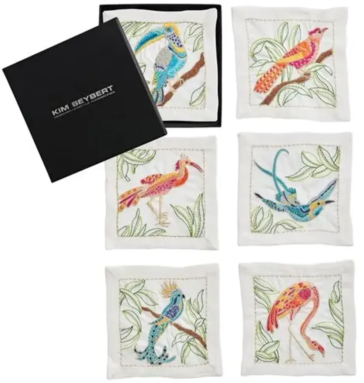 Set of 6 Birds of Paradise Cocktail Napkins - White - Kim Seybert - Multi