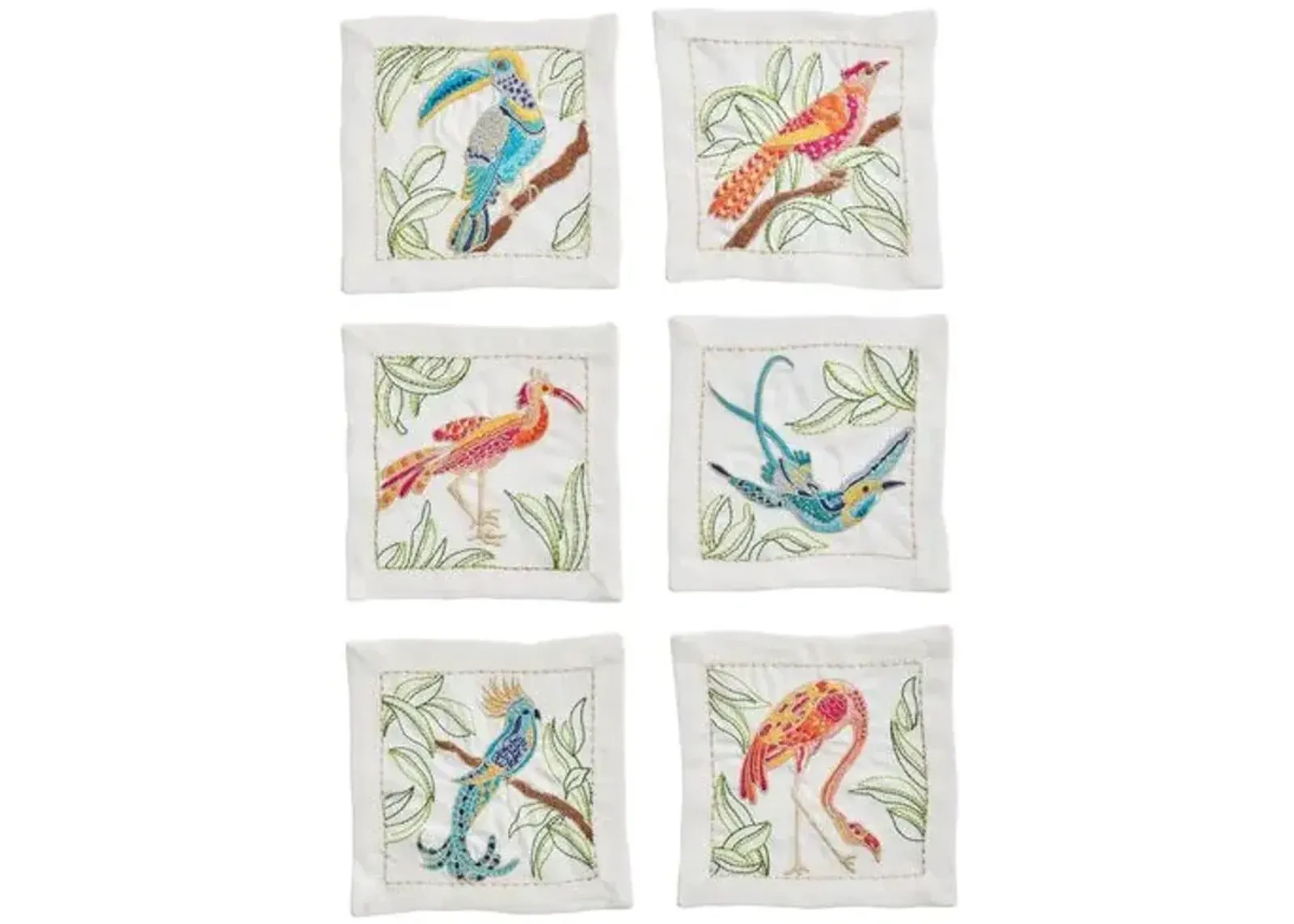 Set of 6 Birds of Paradise Cocktail Napkins - White - Kim Seybert - Multi