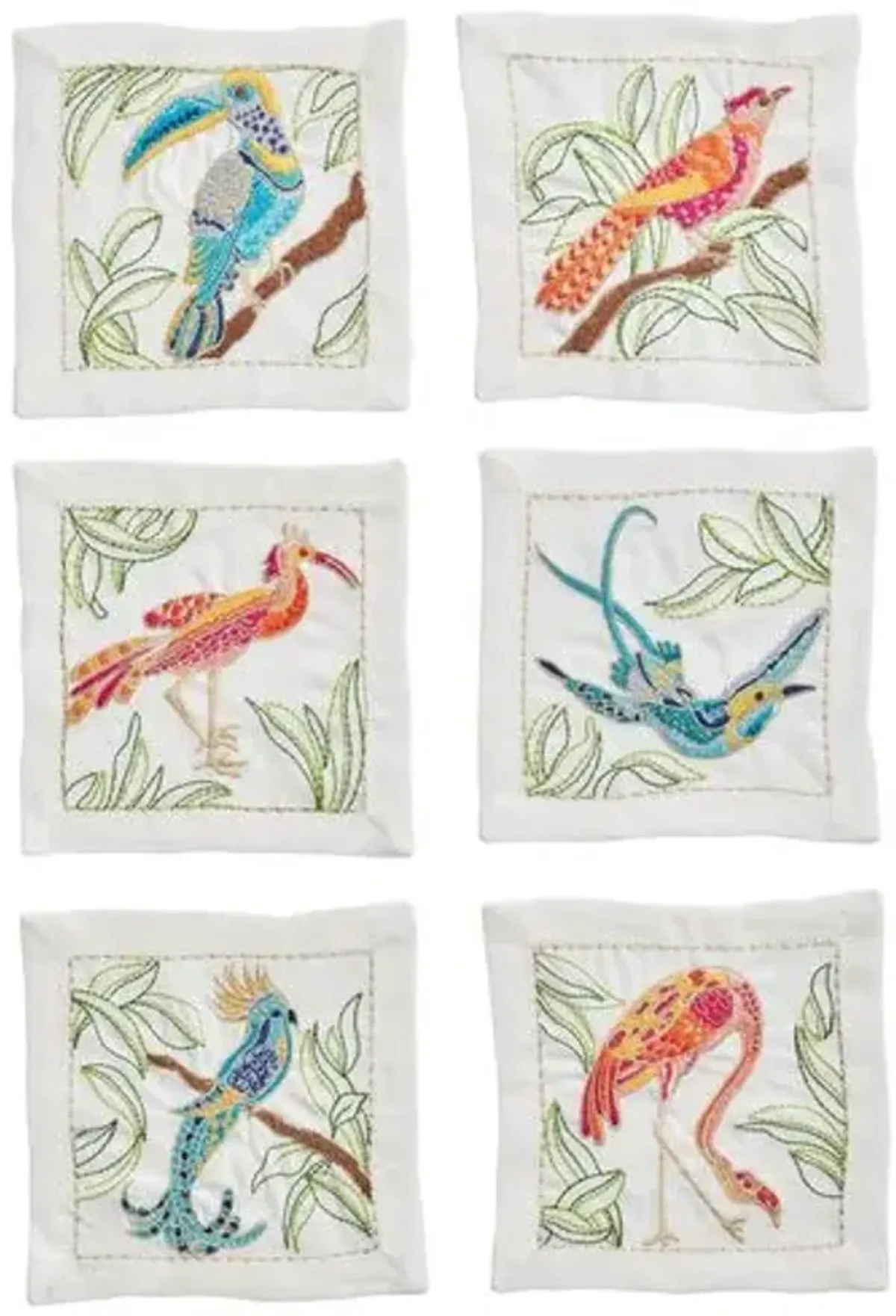 Set of 6 Birds of Paradise Cocktail Napkins - White - Kim Seybert - Multi