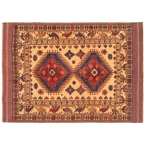 6'8"x9'5" Tajik Handmade Rug - Tan - ECARPETGALLERY - Red - Red