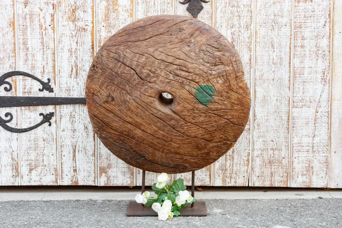 Large Antique Teak Wheel With Iron Stand - de-cor - Brown