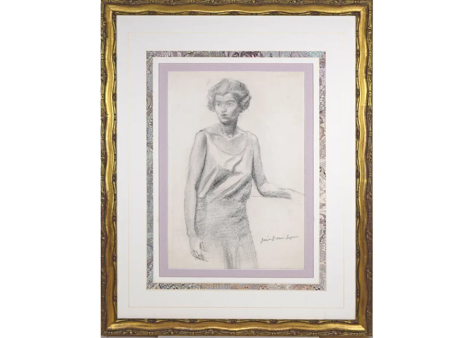 Art Deco Flapper Portrait Drawing - Antiquarian Art Company - Purple