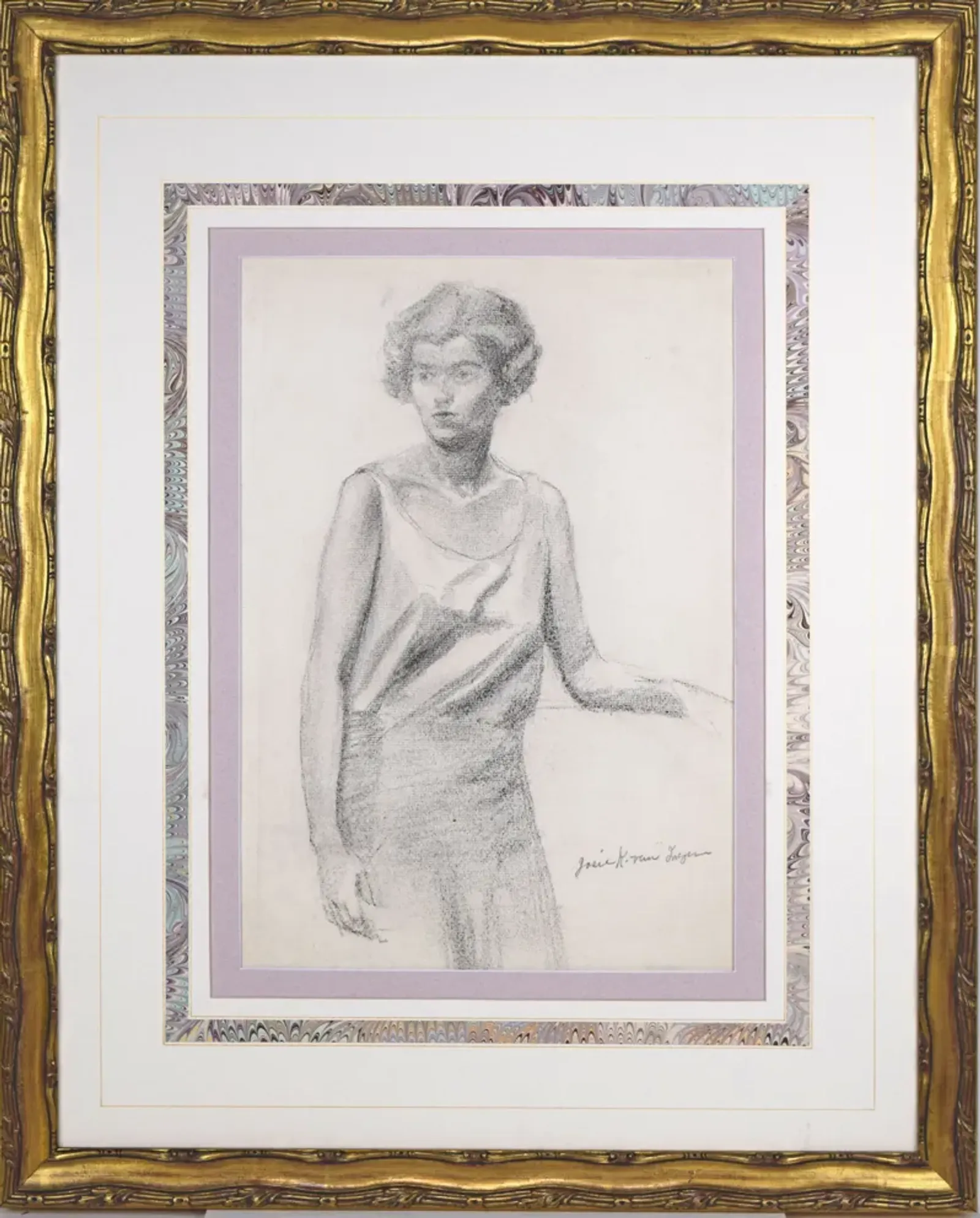 Art Deco Flapper Portrait Drawing - Antiquarian Art Company - Purple