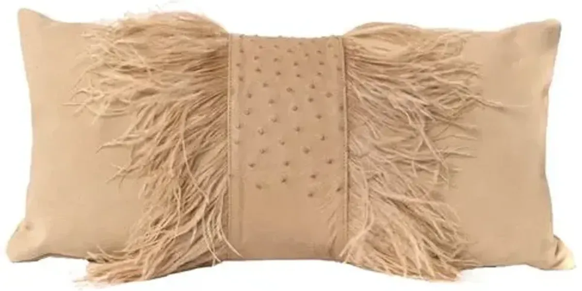 Deluxe Suede Ostrich Trim 14x22 Lumbar Pillow - Cream Leather - Ngala Trading Co.