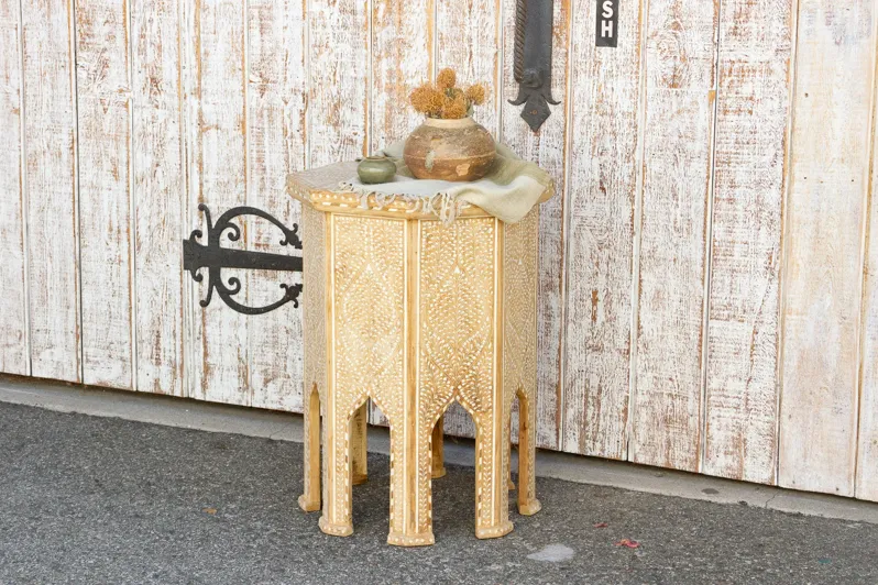 Bleached Tall Inlaid End Table - de-cor - Handcrafted - Brown