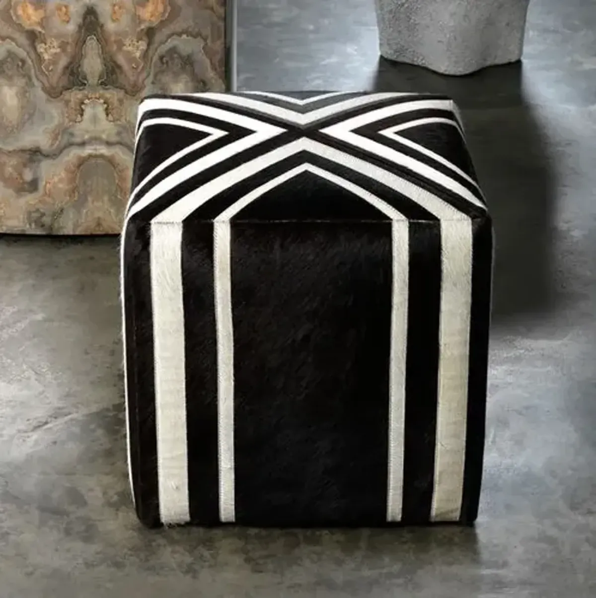 Nantucket Criss Cross Hide Ottoman - Espresso/White - Jamie Young Co. - Black