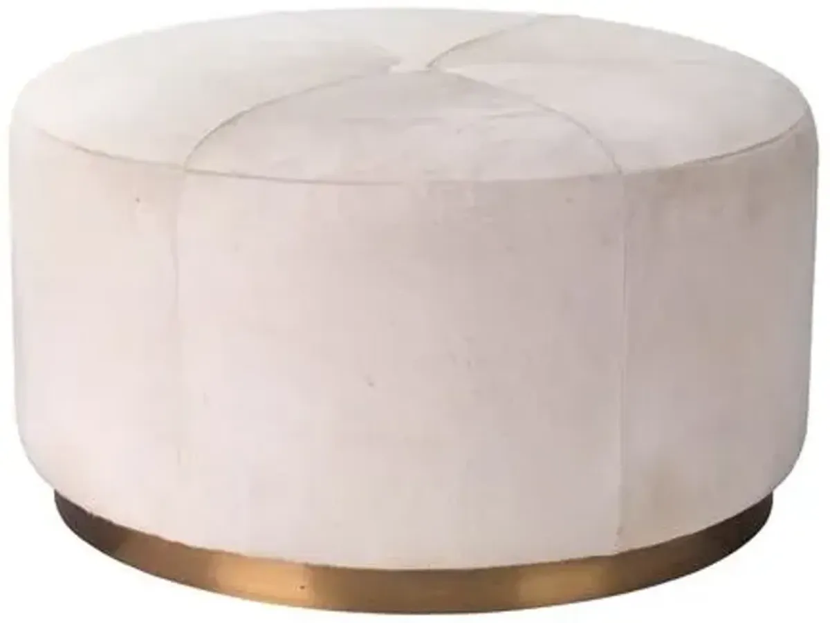 Thackeray Round Hide Pouf - White Hide & Antique Brass - Jamie Young Co. - Handcrafted