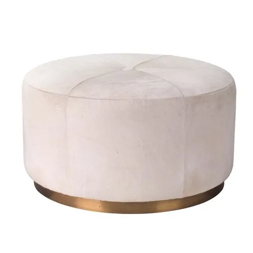 Thackeray Round Hide Pouf - White Hide & Antique Brass - Jamie Young Co. - Handcrafted