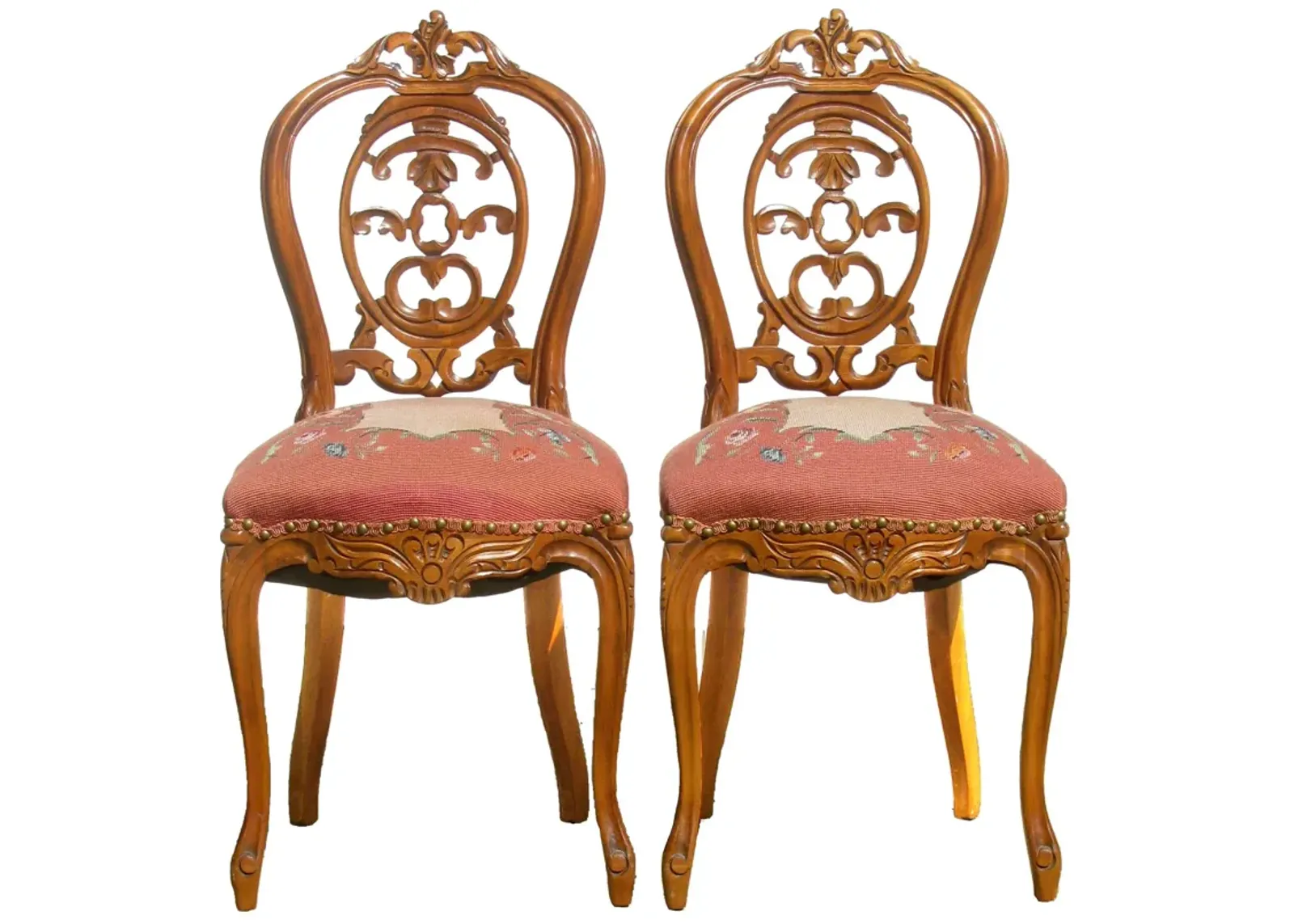 Carved Wood/Needlepoint Chairs - Set of 2 - Chez Vous - Brown