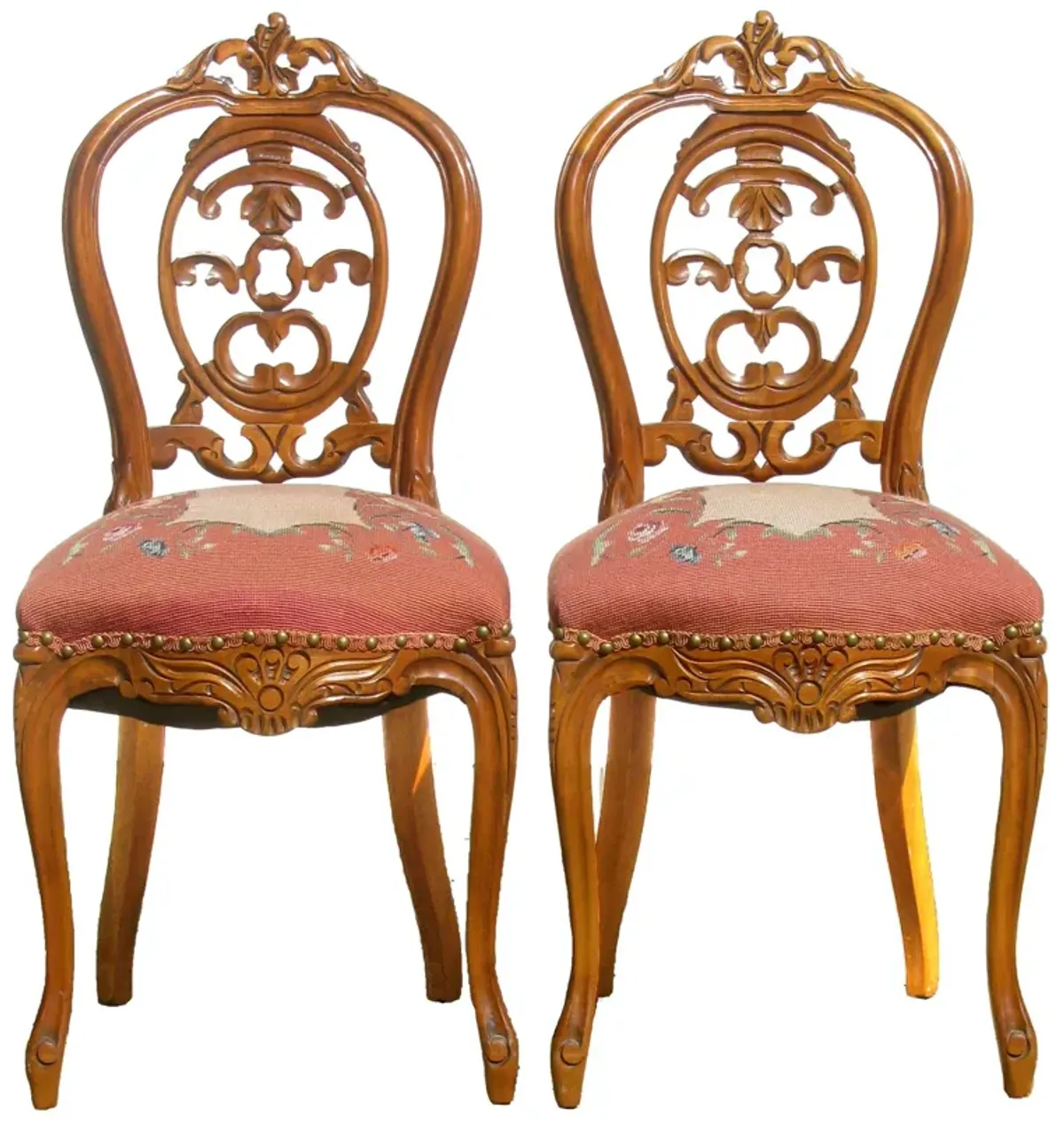 Carved Wood/Needlepoint Chairs - Set of 2 - Chez Vous - Brown