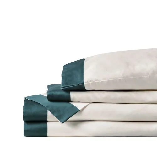 Izaro Border Sheet Set - Ivory/Emerald - Eastern Accents - Green, 300 Thread Count, Egyptian Cotton Sateen, Soft and Luxurious