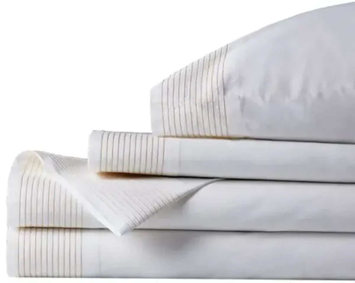 Marsden Striped Sheet Set - White/Bisque - Beige, 300 Thread Count, Egyptian Cotton Sateen, Soft and Luxurious