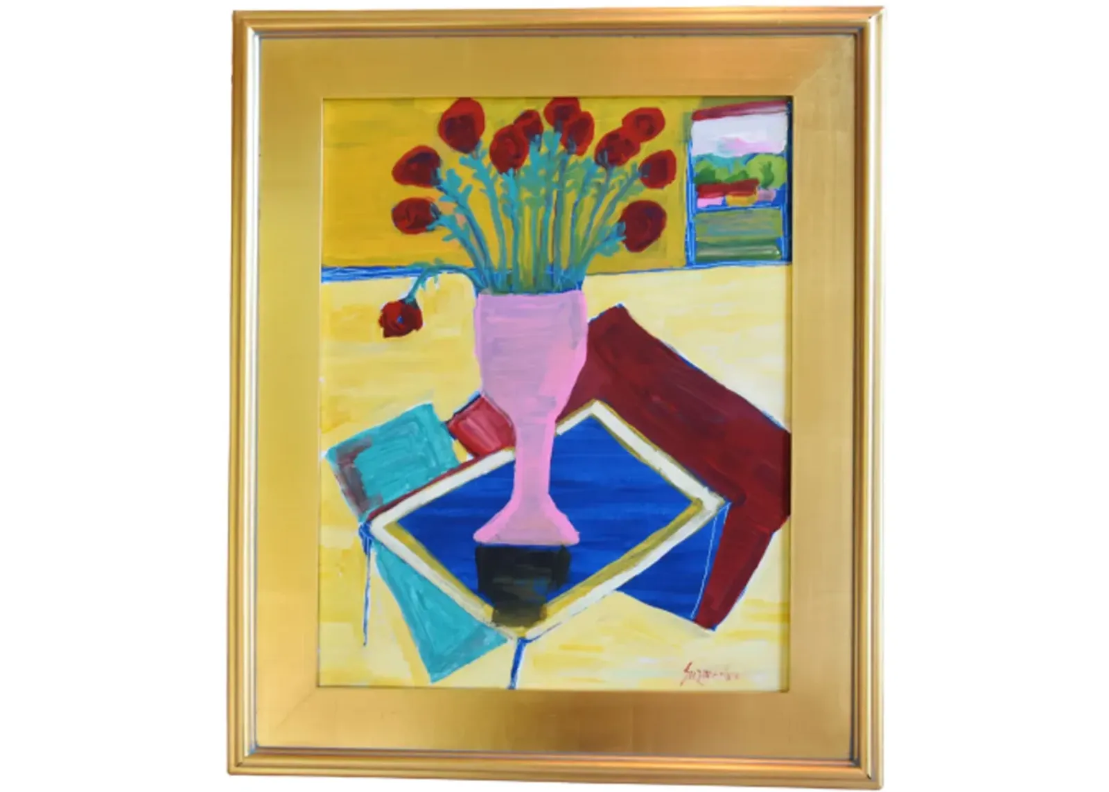 Juan Guzman Flowers Pink Vase Painting - blue