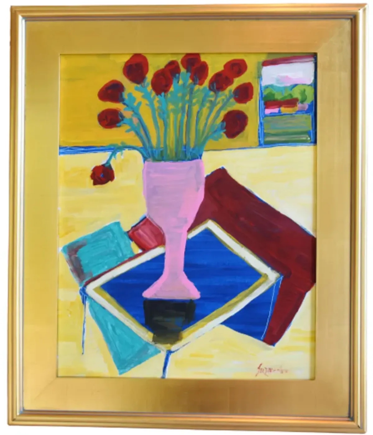 Juan Guzman Flowers Pink Vase Painting - blue