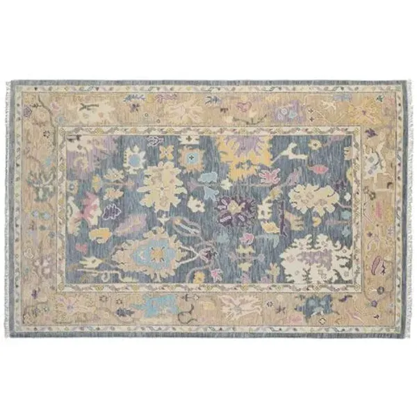 Larissa Hand-Knotted Botanical Rug - Blue/Beige - Blue