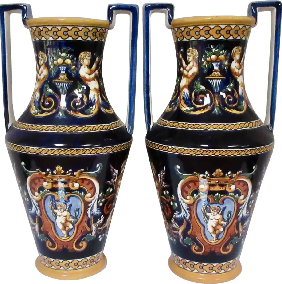 Gien French Faience Trophy Vases 11"H