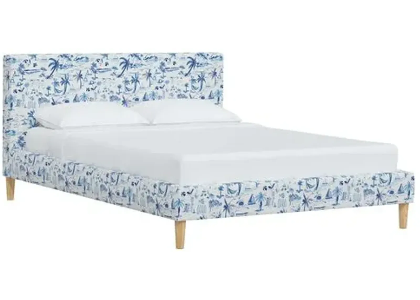 Wilton Platform Bed with Fancy Cone Legs - The Beach Toile - Blue, Upholstered