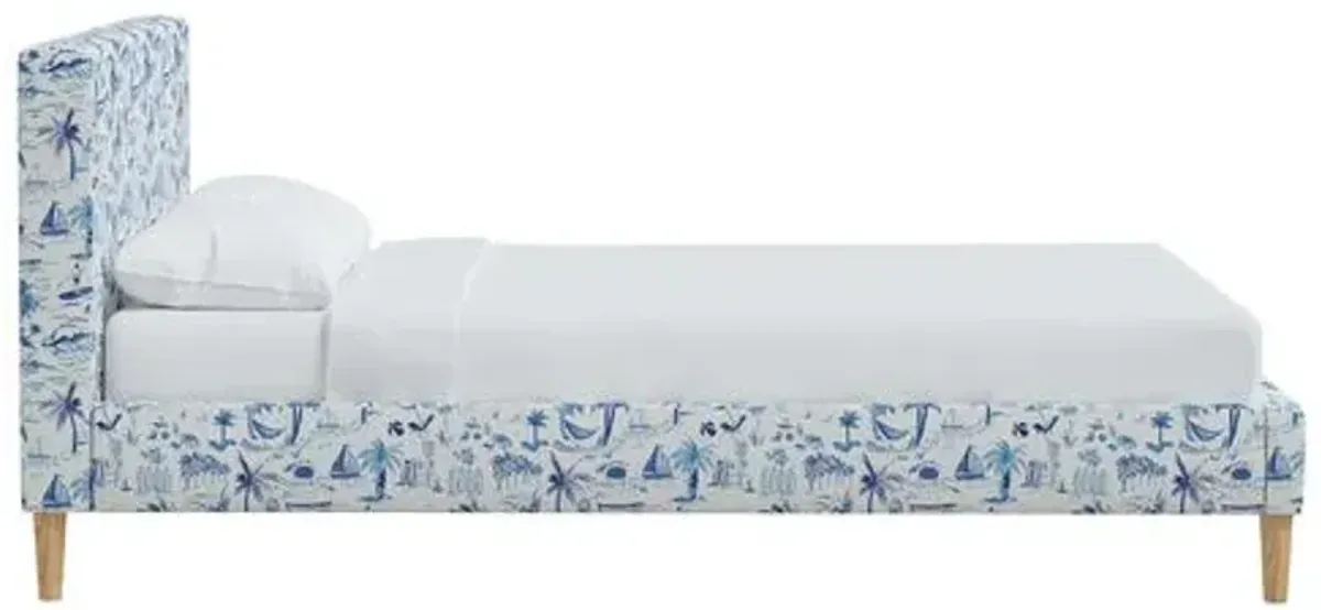 Wilton Platform Bed with Fancy Cone Legs - The Beach Toile - Blue, Upholstered