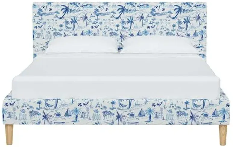 Wilton Platform Bed with Fancy Cone Legs - The Beach Toile - Blue, Upholstered