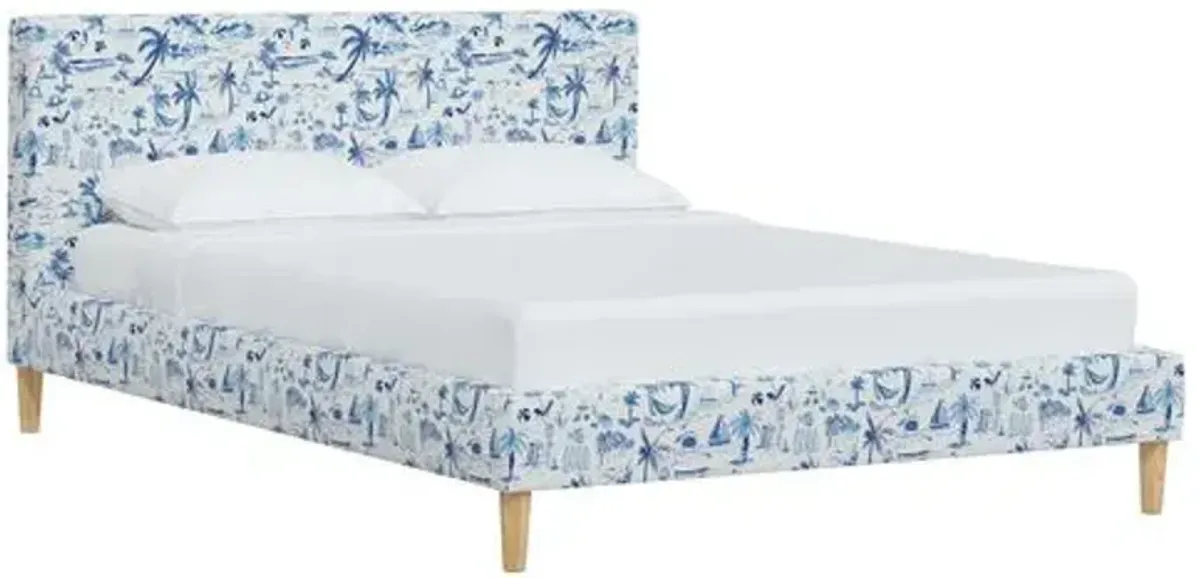 Wilton Platform Bed with Fancy Cone Legs - The Beach Toile - Blue, Upholstered