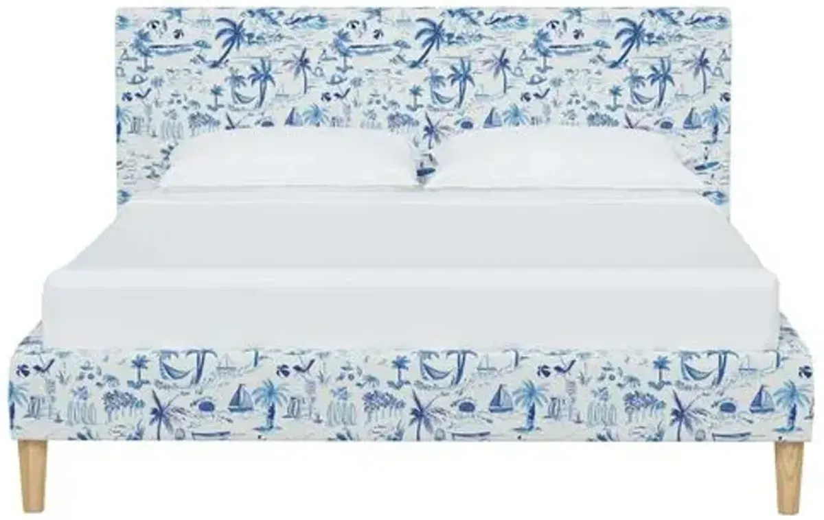 Wilton Platform Bed with Fancy Cone Legs - The Beach Toile - Blue, Upholstered