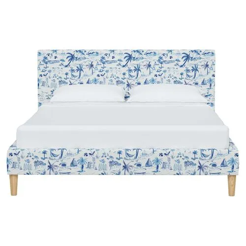 Wilton Platform Bed with Fancy Cone Legs - The Beach Toile - Blue, Upholstered