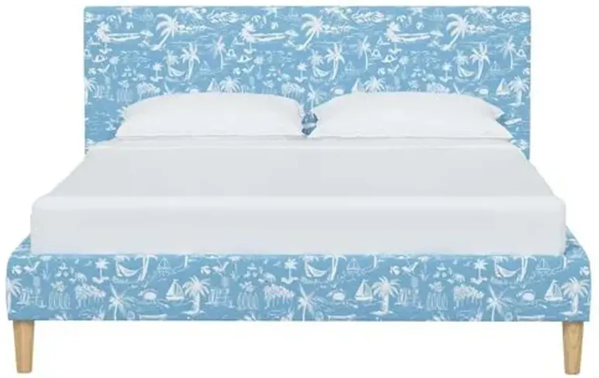 Wilton Platform Bed with Fancy Cone Legs - The Beach Toile - Blue, Upholstered