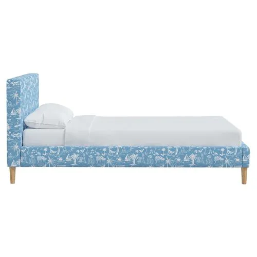 Wilton Platform Bed with Fancy Cone Legs - The Beach Toile - Blue, Upholstered