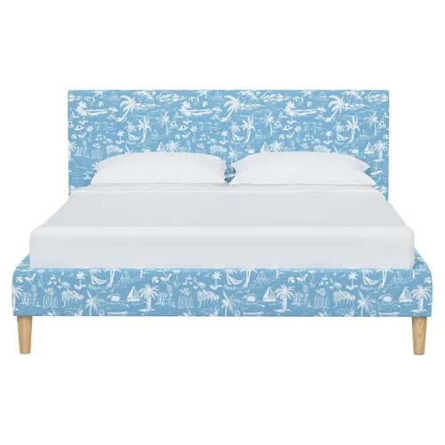 Wilton Platform Bed with Fancy Cone Legs - The Beach Toile - Blue, Upholstered