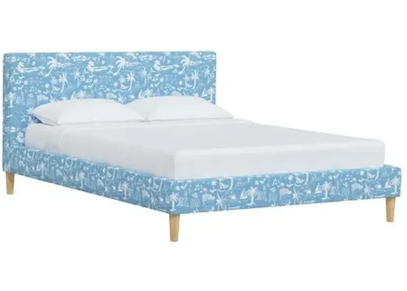 Wilton Platform Bed with Fancy Cone Legs - The Beach Toile - Blue, Upholstered